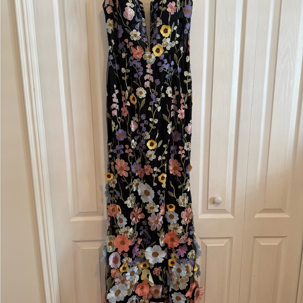 Azazie Black Maxi Dress with Multicolor Floral Embroidery